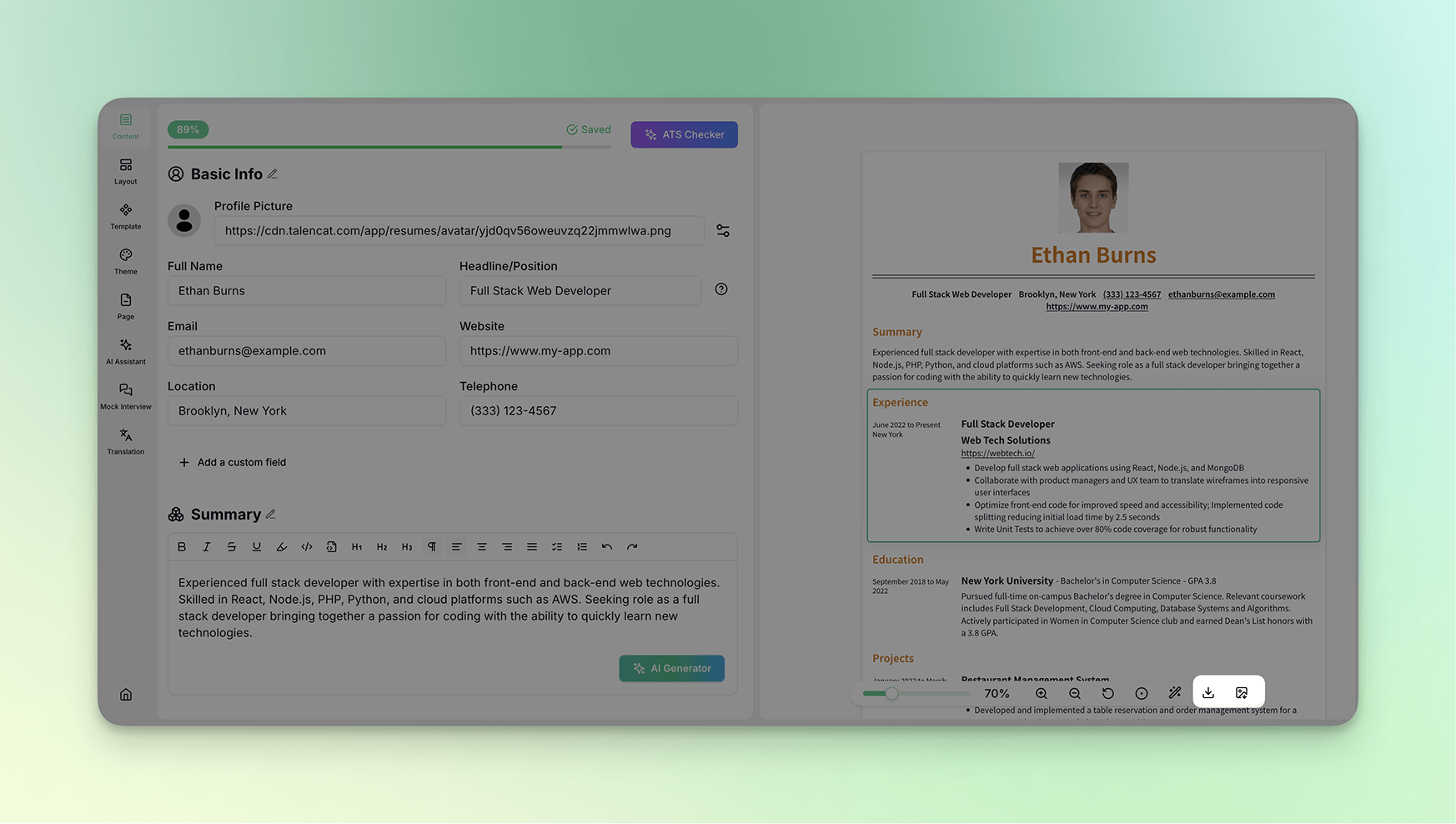 Exporting from the Resume Editor